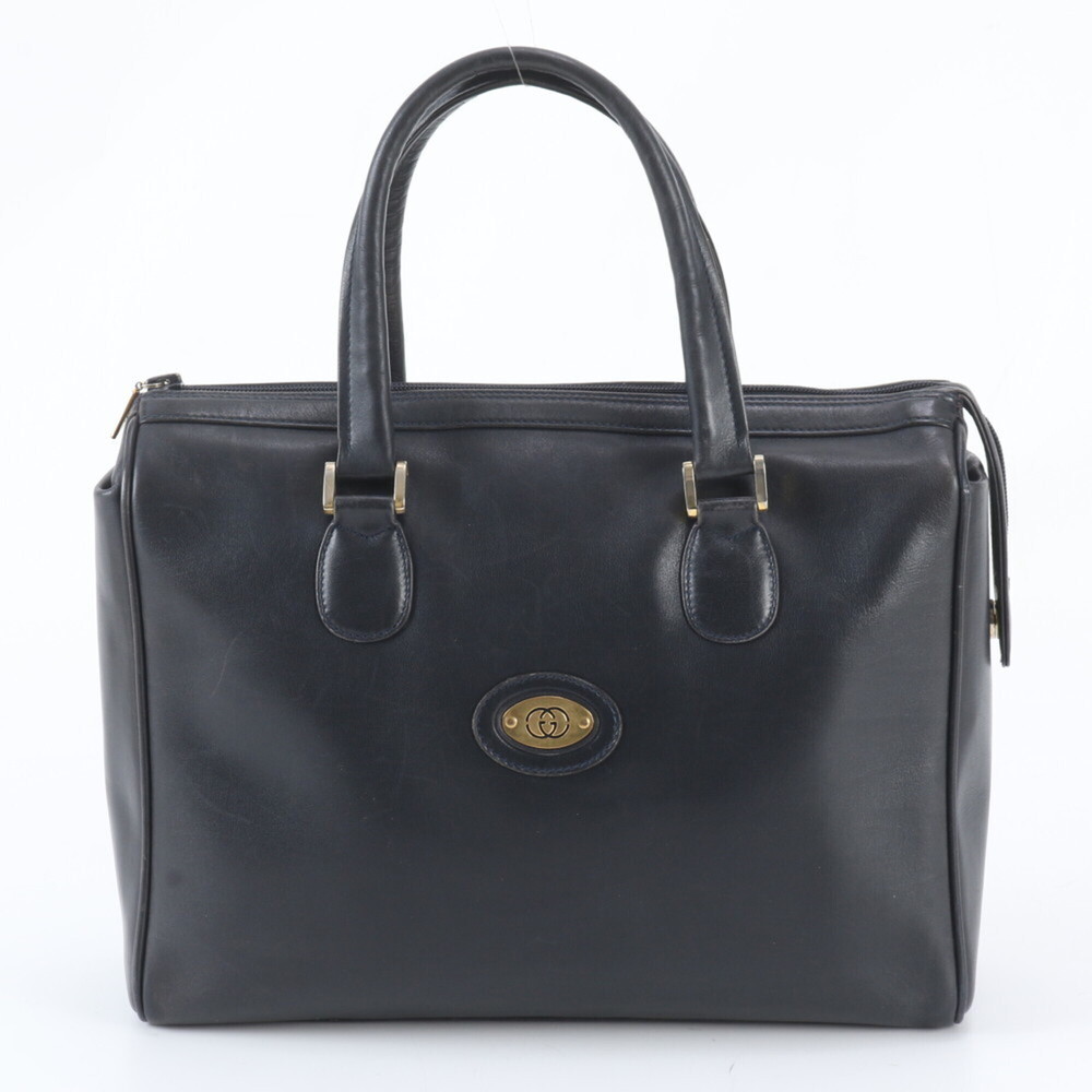 Vintage Old Gucci Interlocking G Leather Handbag Tote Bag Navy Blue Women's